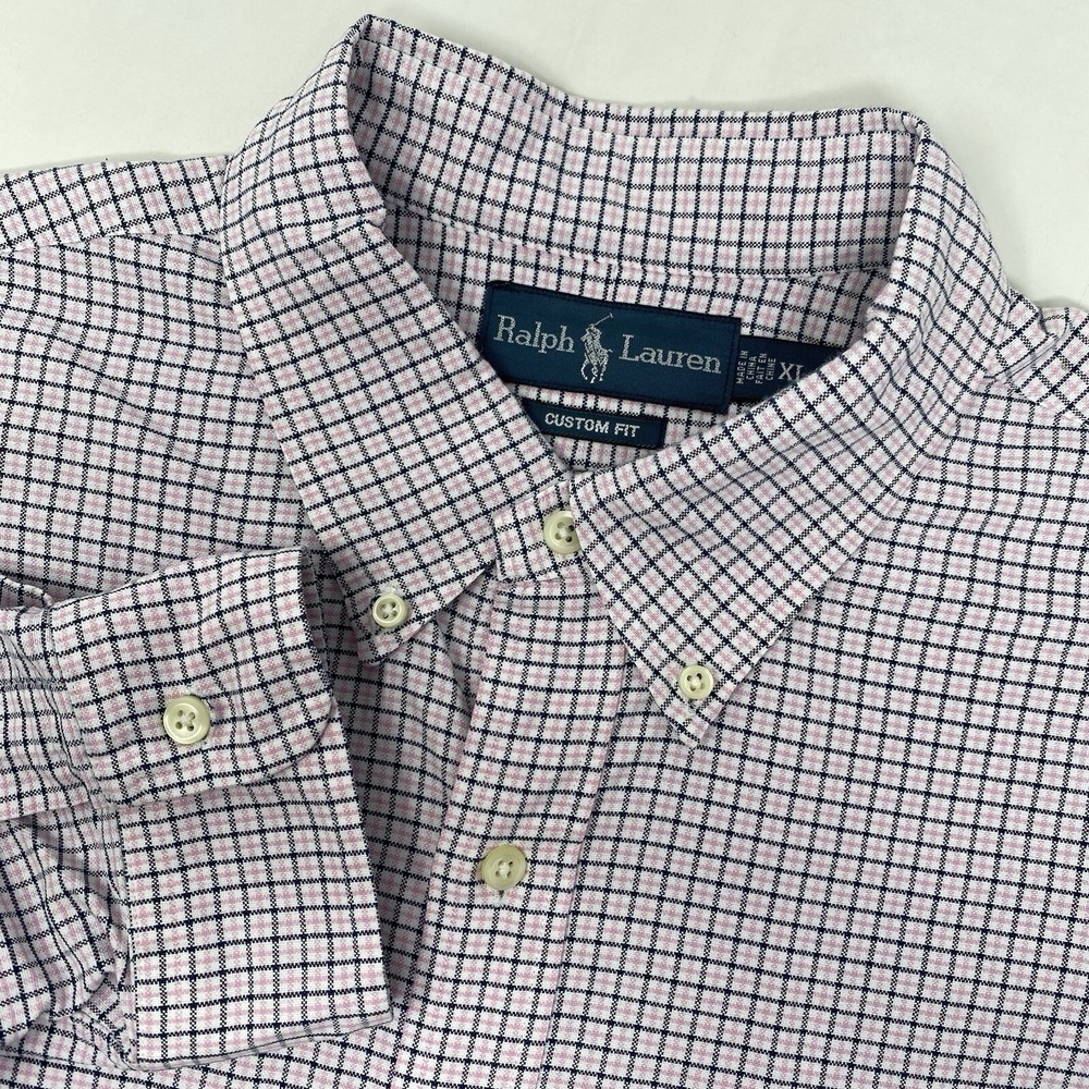 Ralph Lauren Button Down Shirt Mens XL Pink Navy White Check Custom Fit Cotton